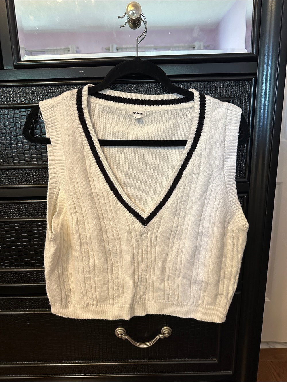 Garage White Cable-Knit V-Neck Tank with Black Trim